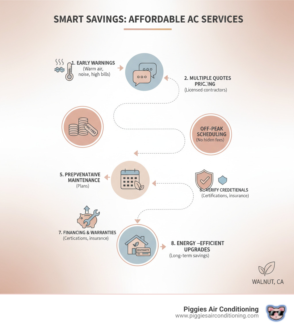 Infographic showing the path to affordable AC services: 1. Recognize warning signs early (warm air, strange noises, high bills), 2. Get multiple quotes from licensed contractors, 3. Compare upfront pricing with no hidden fees, 4. Schedule during off-peak seasons for discounts, 5. Invest in preventative maintenance plans, 6. Verify certifications and insurance, 7. Ask about financing options and warranties, 8. Upgrade to energy-efficient systems for long-term savings - affordable air conditioning walnut infographic  Infographic showing the path to affordable AC services: 1. Recognize warning signs early (warm air, strange noises, high bills), 2. Get multiple quotes from licensed contractors, 3. Compare upfront pricing with no hidden fees, 4. Schedule during off-peak seasons for discounts, 5. Invest in preventative maintenance plans, 6. Verify certifications and insurance, 7. Ask about financing options and warranties, 8. Upgrade to energy-efficient systems for long-term savings - affordable air conditioning walnut infographic