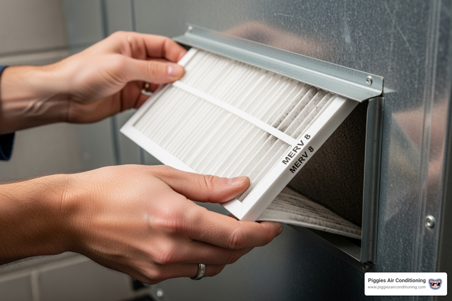 A person's hands are shown changing a dirty air filter in a home HVAC system, highlighting a simple maintenance task. - affordable air conditioning walnut A person's hands are shown changing a dirty air filter in a home HVAC system, highlighting a simple maintenance task. - affordable air conditioning walnut