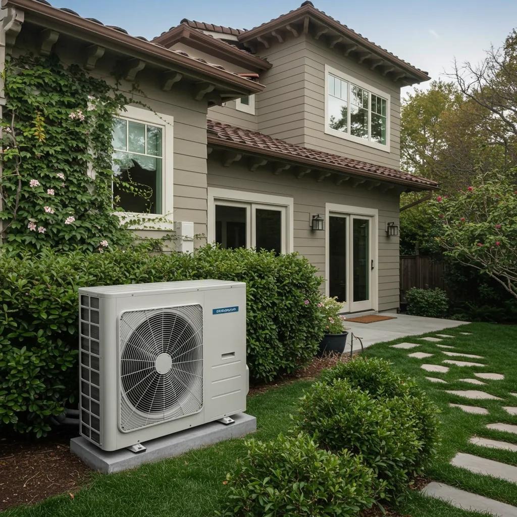 Modern heat pump system installed outside a stylish Pasadena home