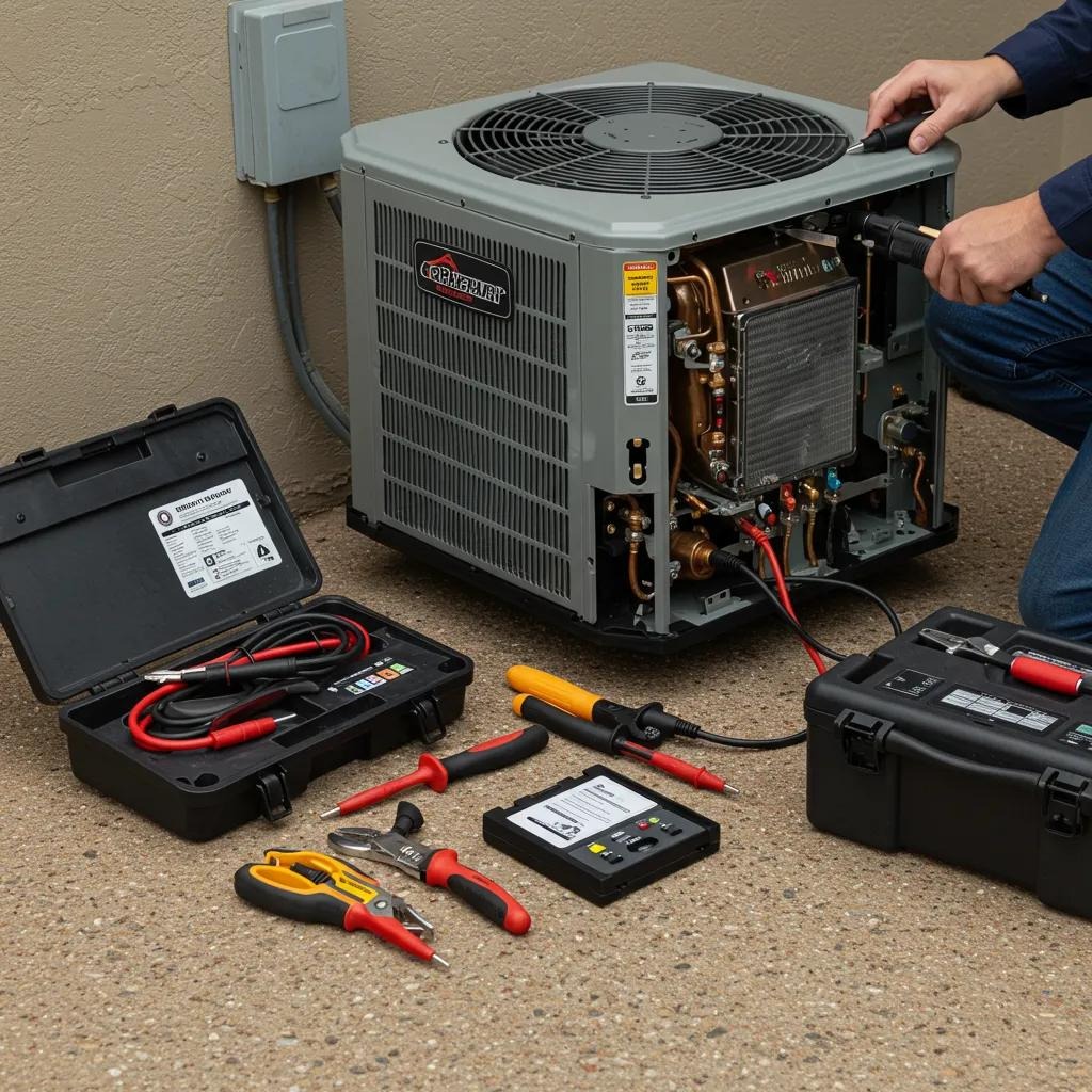 Technician diagnosing an air conditioning unit, illustrating the step-by-step repair process
