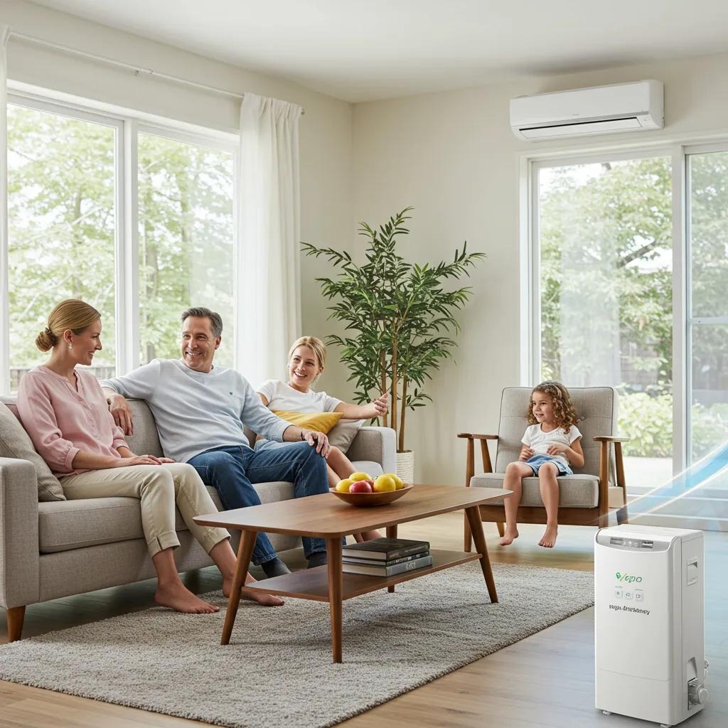 Family enjoying comfort in a living room with a high-efficiency air conditioning unit, highlighting energy savings