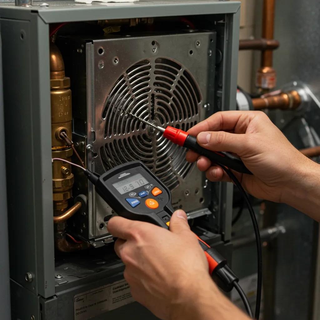 Technician inspecting a furnace heat exchanger with diagnostic tools