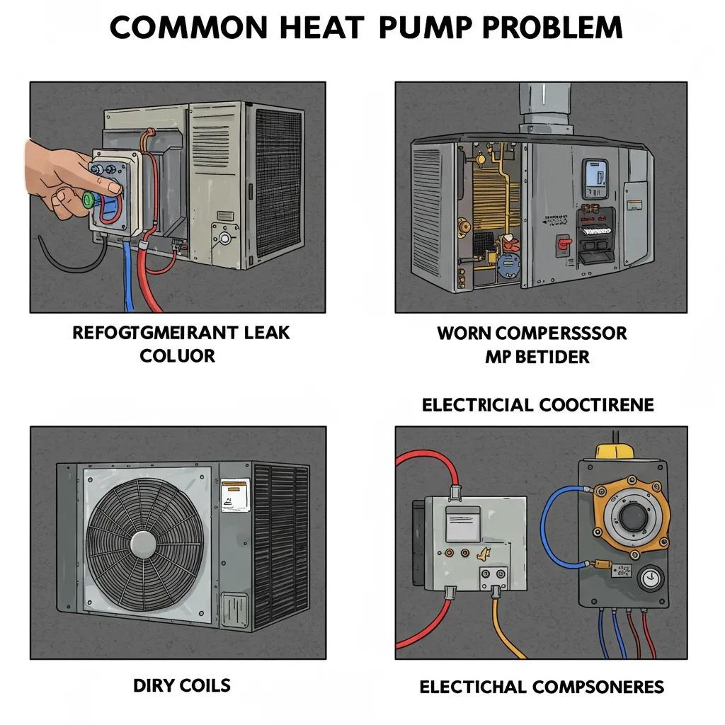 Infographic illustrating common heat pump problems like refrigerant leaks and compressor wear