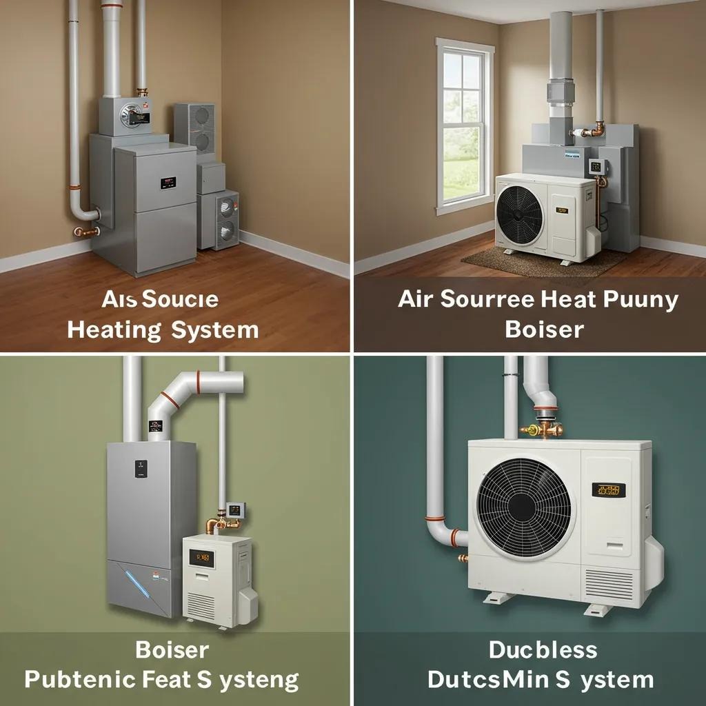 Comparison of heating systems including gas furnace, air-source heat pump, boiler, and ductless mini-split in home settings