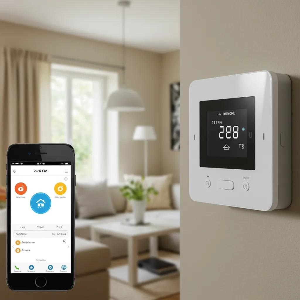 Close-up of a smart thermostat with smartphone app interface, showcasing modern home technology and convenience