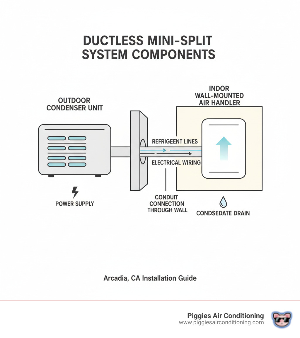 infographic showing ductless mini-split system components including outdoor condenser unit, indoor wall-mounted air handler, refrigerant lines, electrical wiring, and conduit connection through wall - ductless ac installation arcadia ca infographic  infographic showing ductless mini-split system components including outdoor condenser unit, indoor wall-mounted air handler, refrigerant lines, electrical wiring, and conduit connection through wall - ductless ac installation arcadia ca infographic