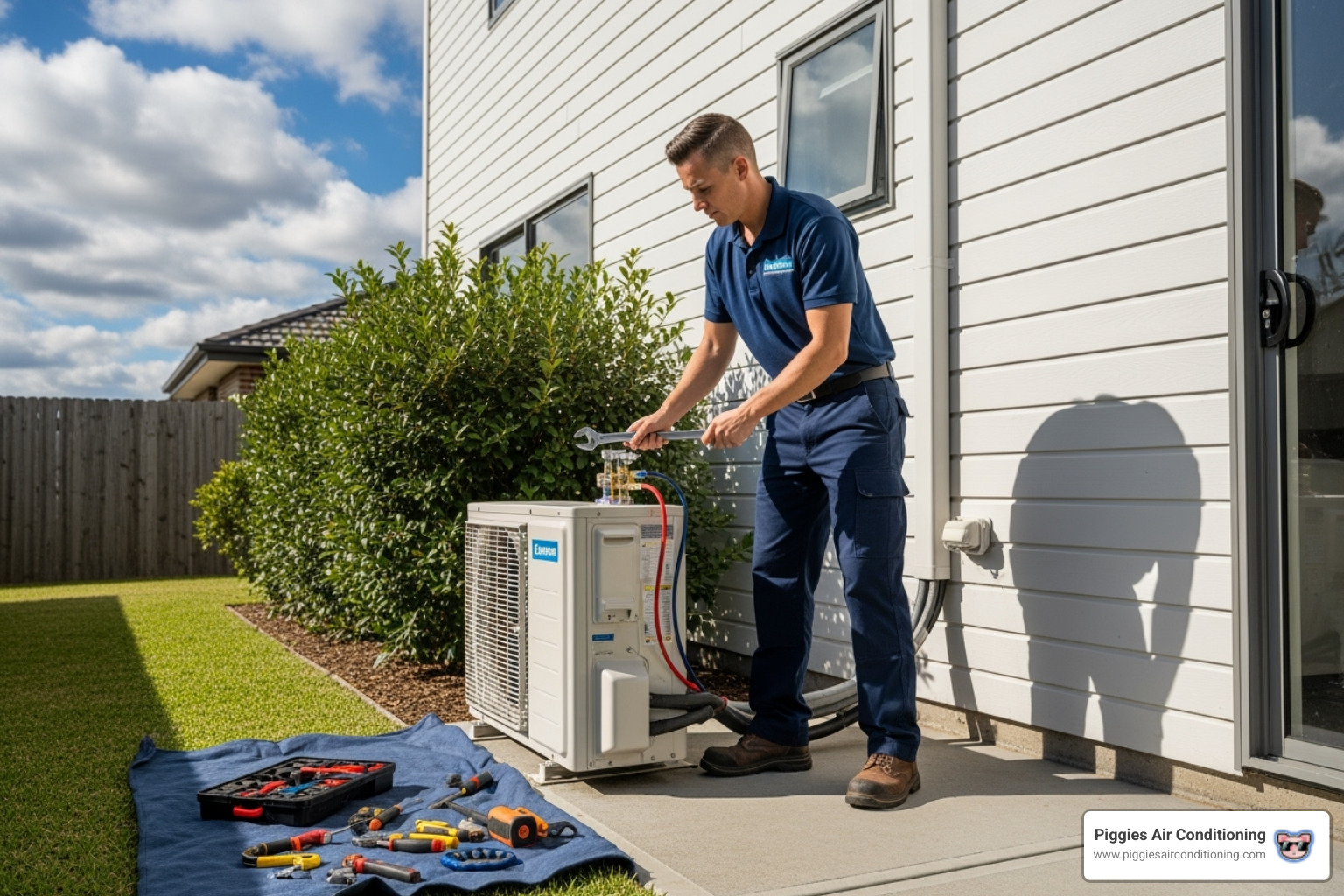 technician professionally installing an outdoor condenser unit for a ductless mini-split system - ductless ac installation arcadia ca technician professionally installing an outdoor condenser unit for a ductless mini-split system - ductless ac installation arcadia ca