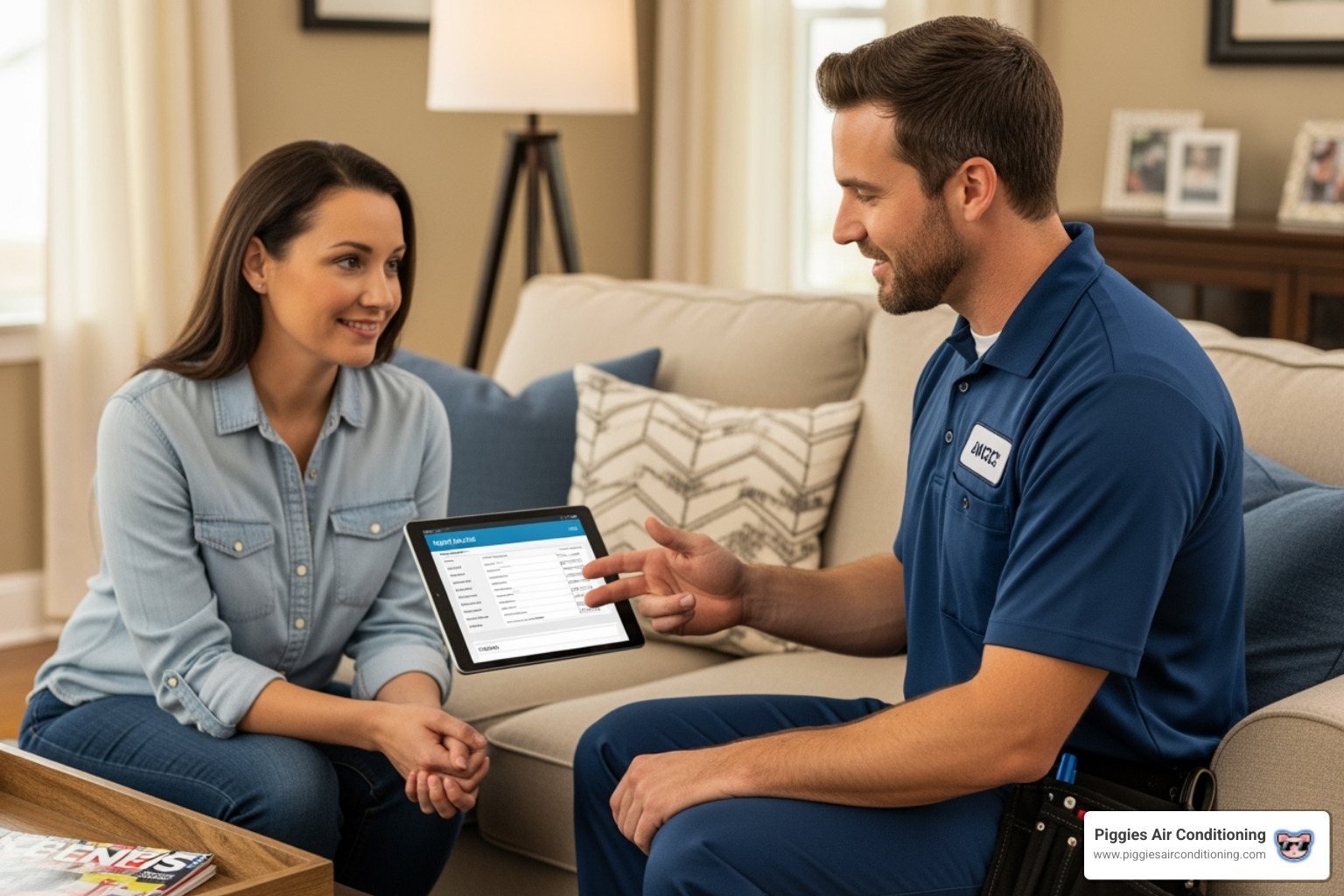 Technician explaining repair quote to homeowner - emergency heat pump repair walnut ca Technician explaining repair quote to homeowner - emergency heat pump repair walnut ca