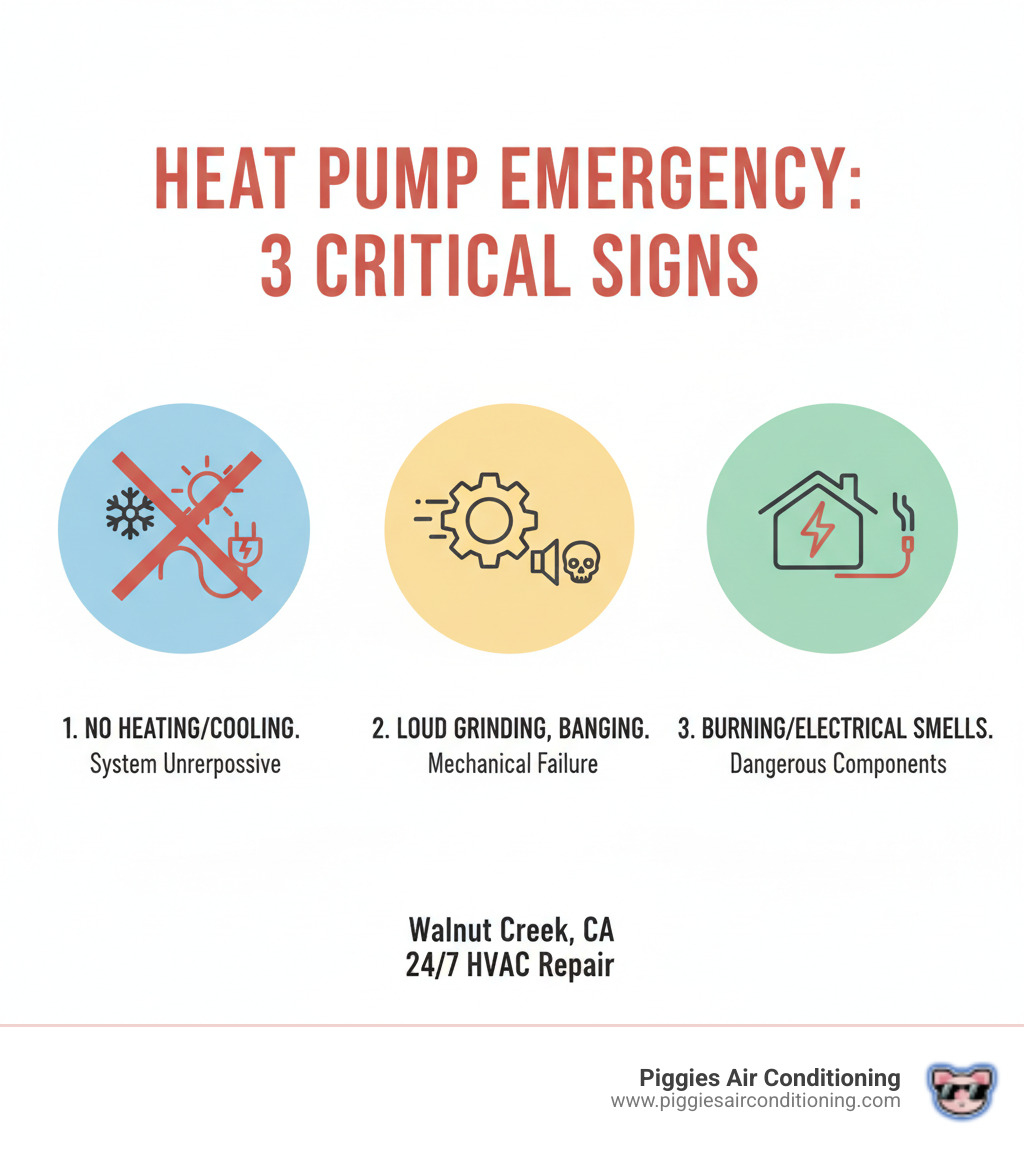 Infographic showing three critical signs requiring emergency heat pump repair: 1) Complete loss of heating or cooling with no system response, 2) Loud grinding, screeching, or banging noises indicating mechanical failure, 3) Burning or electrical smells suggesting dangerous electrical issues or overheating components - emergency heat pump repair walnut ca infographic  Infographic showing three critical signs requiring emergency heat pump repair: 1) Complete loss of heating or cooling with no system response, 2) Loud grinding, screeching, or banging noises indicating mechanical failure, 3) Burning or electrical smells suggesting dangerous electrical issues or overheating components - emergency heat pump repair walnut ca infographic