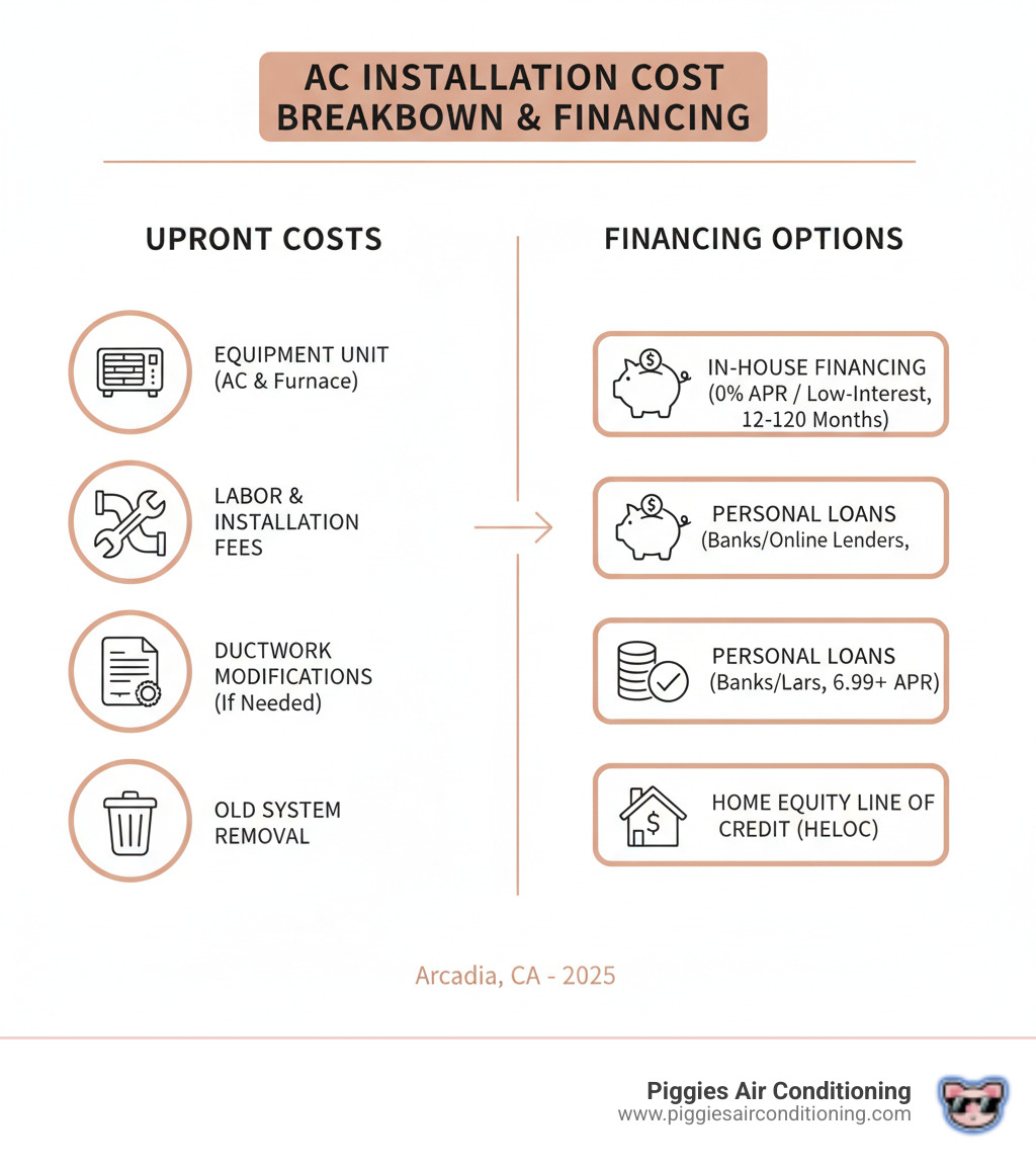 infographic showing AC installation cost breakdown including equipment unit cost, labor and installation fees, ductwork modifications if needed, permits and inspections, removal of old system, and typical financing terms available - ac installation financing arcadia infographic  infographic showing AC installation cost breakdown including equipment unit cost, labor and installation fees, ductwork modifications if needed, permits and inspections, removal of old system, and typical financing terms available - ac installation financing arcadia infographic