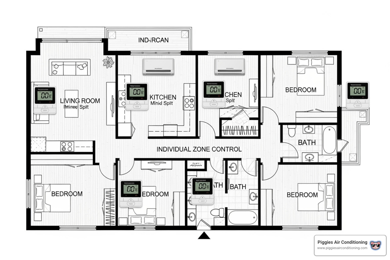 a diagram showing zoned cooling in a multi-room house, with individual indoor units in each room controlled by separate thermostats - ductless mini split install west covina ca a diagram showing zoned cooling in a multi-room house, with individual indoor units in each room controlled by separate thermostats - ductless mini split install west covina ca