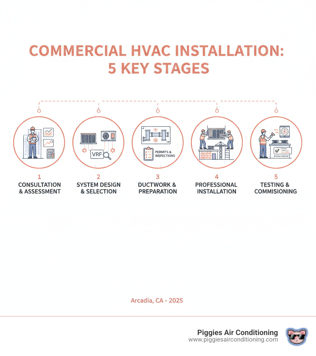 Infographic showing the 5 key stages of commercial HVAC installation: 1) Consultation and Assessment - technician evaluating building with clipboard and load calculations, 2) System Design and Selection - different HVAC unit types (rooftop, split, VRF) with specifications, 3) Ductwork and Preparation - ductwork diagram and permits/inspections checklist, 4) Professional Installation - team installing rooftop unit with safety equipment and tools, 5) Testing and Commissioning - technician performing airflow balancing and system startup procedures - commercial hvac installation arcadia infographic 