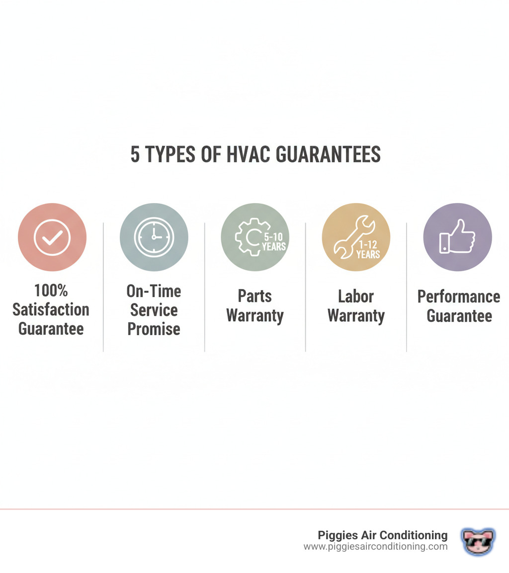 infographic showing 5 types of HVAC guarantees: 100% Satisfaction Guarantee with checkmark, On-Time Service Promise with clock icon, Parts Warranty with gear icon showing 5-10 years, Labor Warranty with wrench icon showing 1-12 years, and Performance Guarantee with thumbs up icon - guaranteed hvac service walnut ca infographic 