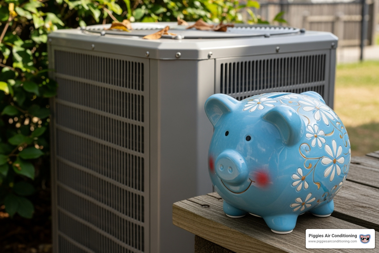 piggy bank next to an air conditioner, symbolizing savings - guaranteed hvac service walnut ca