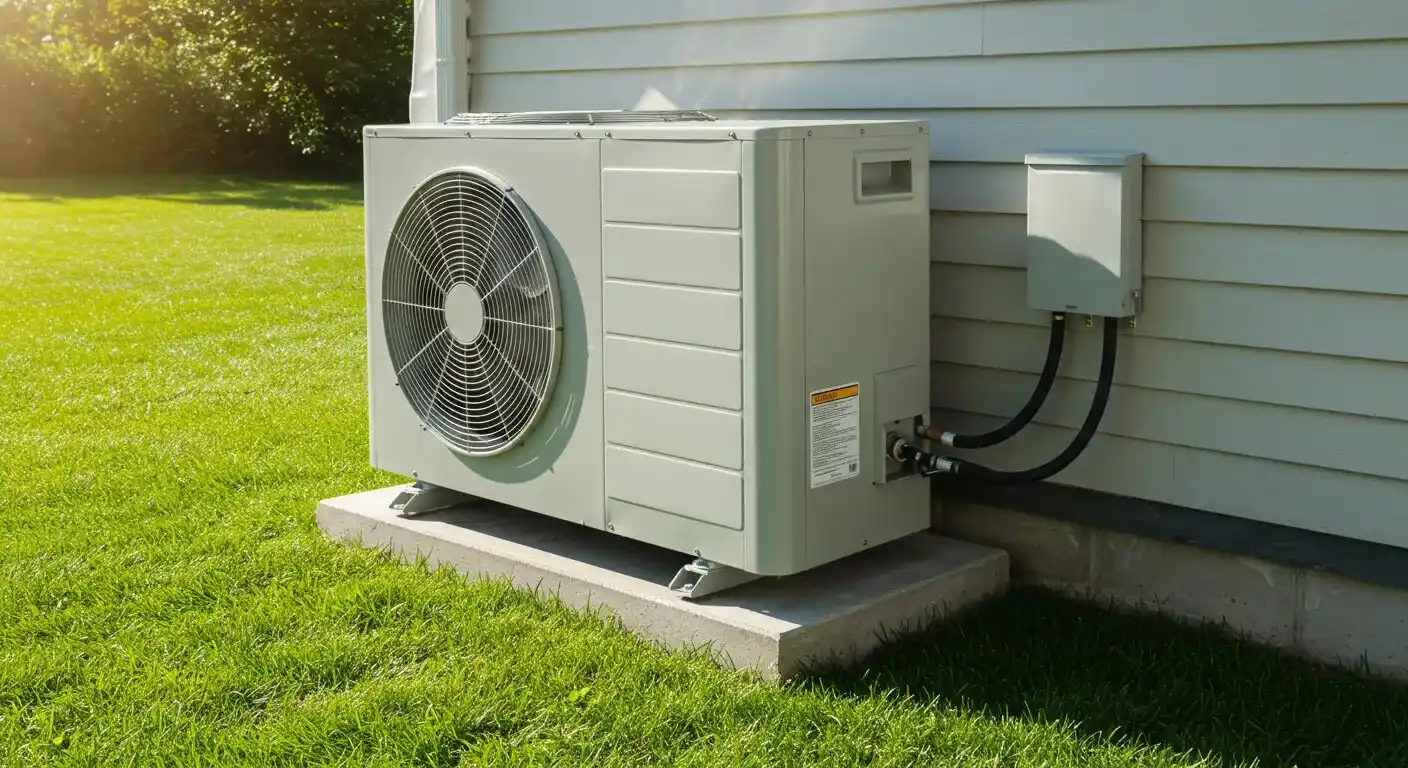 A modern, off-white heat pump unit sits on a concrete pad next to a house with white siding and a bright green lawn.