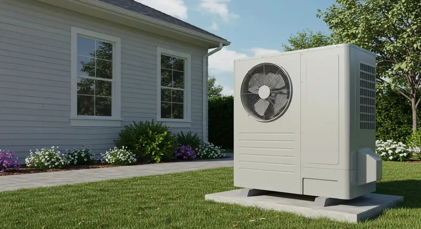 A modern, single-unit heat pump sits on a concrete pad next to a house with light gray siding and a manicured lawn.