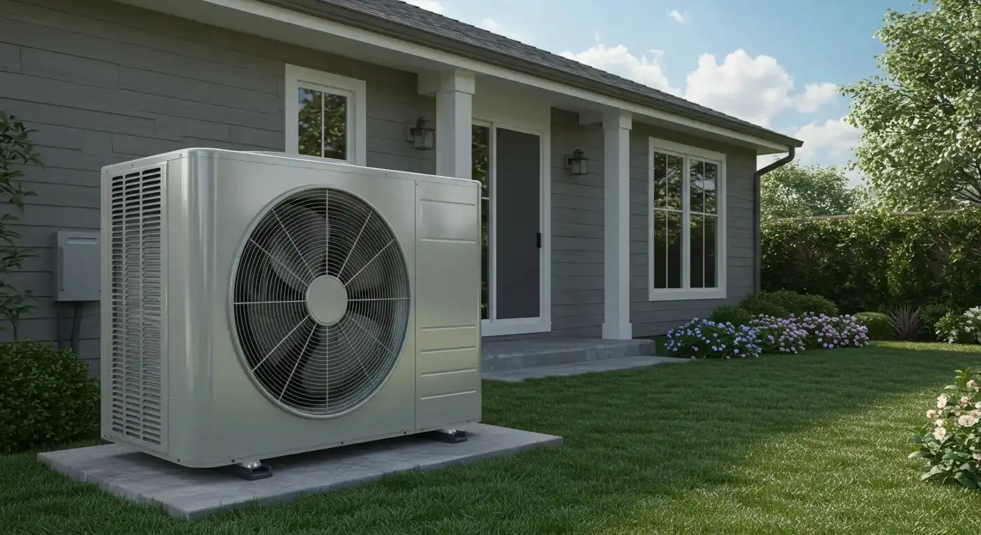 A modern, gray heat pump unit is installed on a concrete pad next to a house with gray siding and a manicured front lawn.