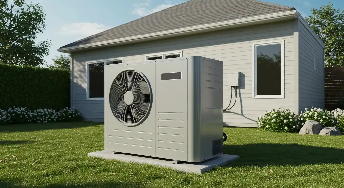 A compact, gray heat pump unit is installed on a concrete pad next to a light gray house with green bushes in the background.
