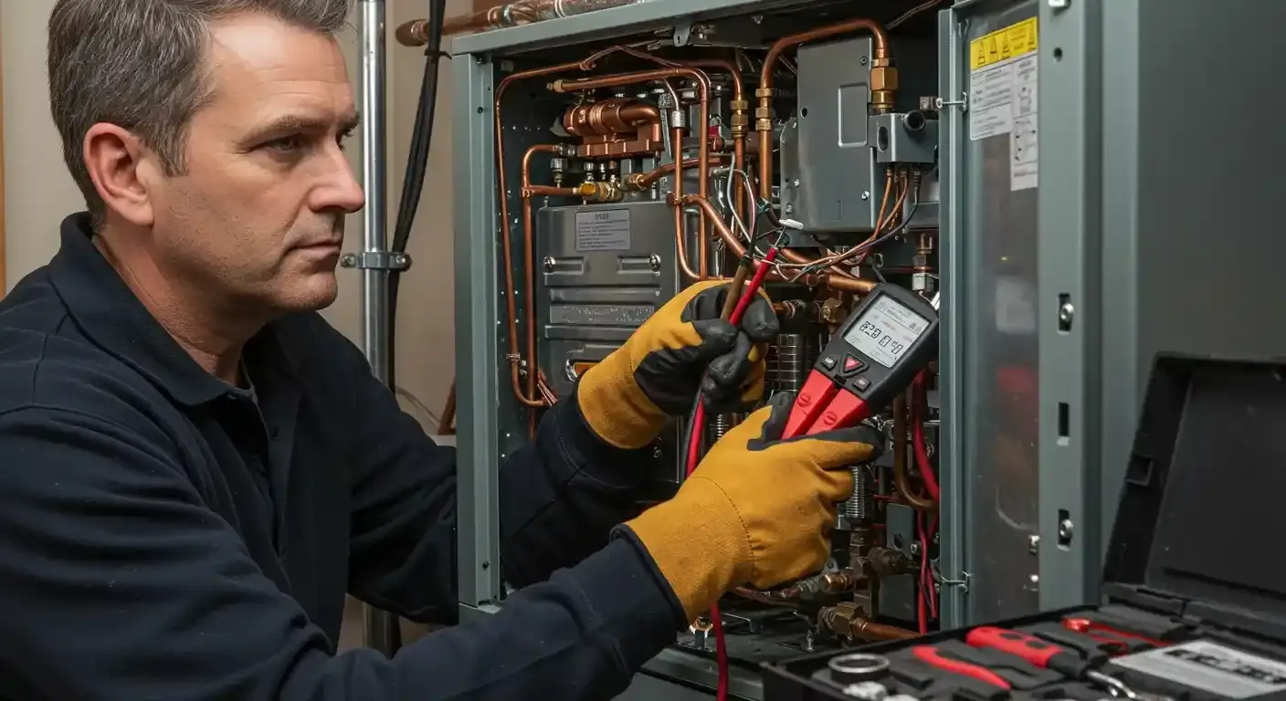 A technician in black and yellow gloves holds a red multi-meter to test a furnace's internal wiring and components.