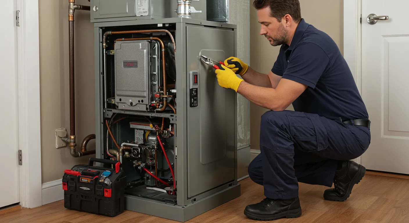 A technician in blue overalls and yellow gloves kneels, using pliers to adjust a red wire inside an open furnace.