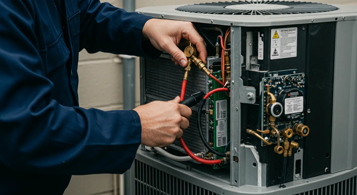 A close-up of a technician, wearing a dark blue uniform, working on the side panel of an outdoor AC condenser unit. The side panel is removed, revealing the black fan grate, a metal coil, and an electrical board. The technician is connecting a red refrigerant line with a black handle to the brass service ports of the unit.