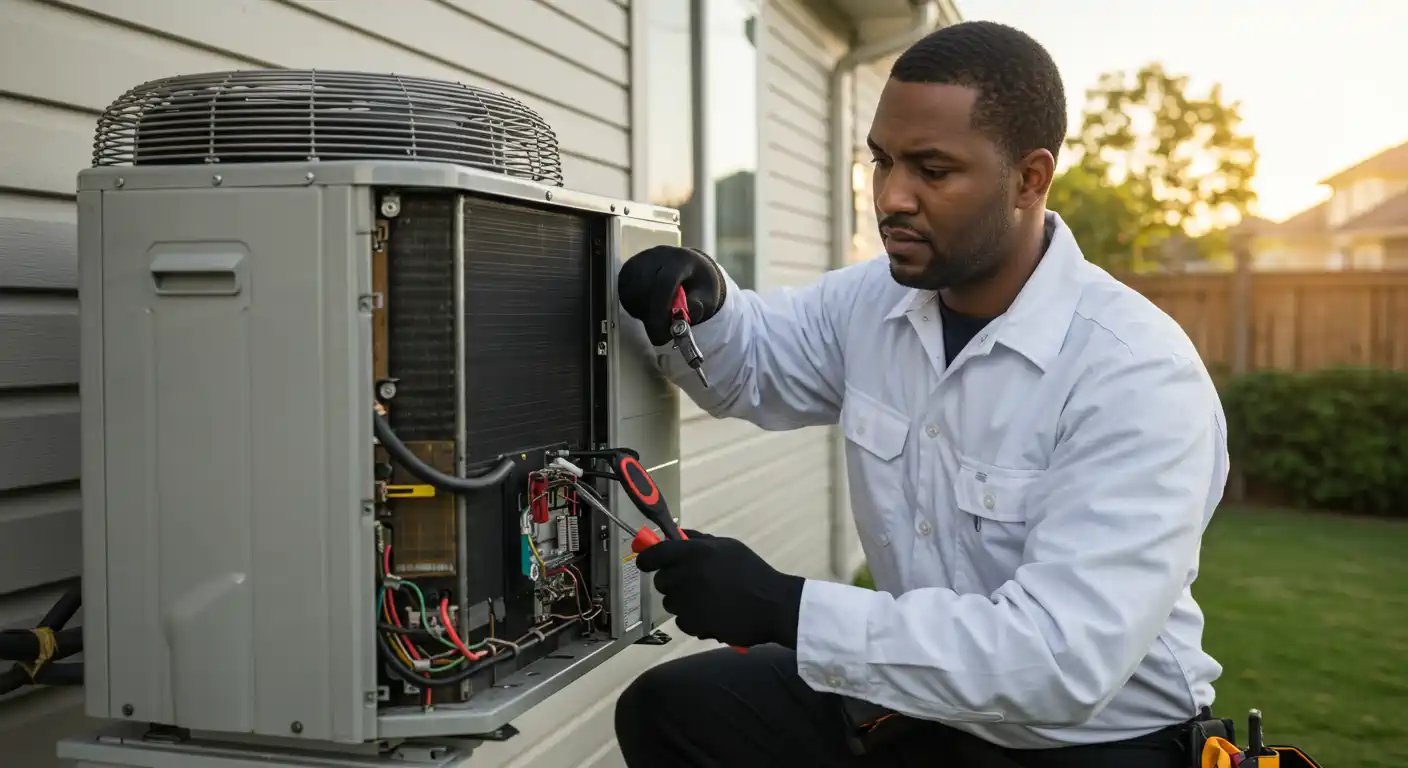 An AC technician is kneeling and working on a gray outdoor air conditioning condenser unit. He is wearing a white long-sleeve shirt and black work gloves, and is using a screwdriver with a red and black handle to adjust the exposed electrical components. The side of the unit is open, revealing the fan, coil, and control board. The background shows a light-sided house and a green lawn in the late afternoon sun.
