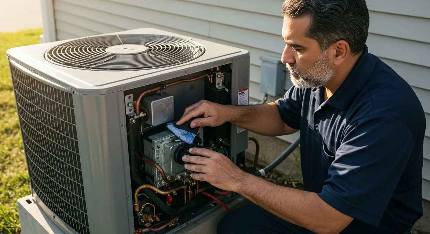 A male AC technician with a beard is kneeling and performing maintenance on a gray outdoor AC condenser unit on a sunny day.