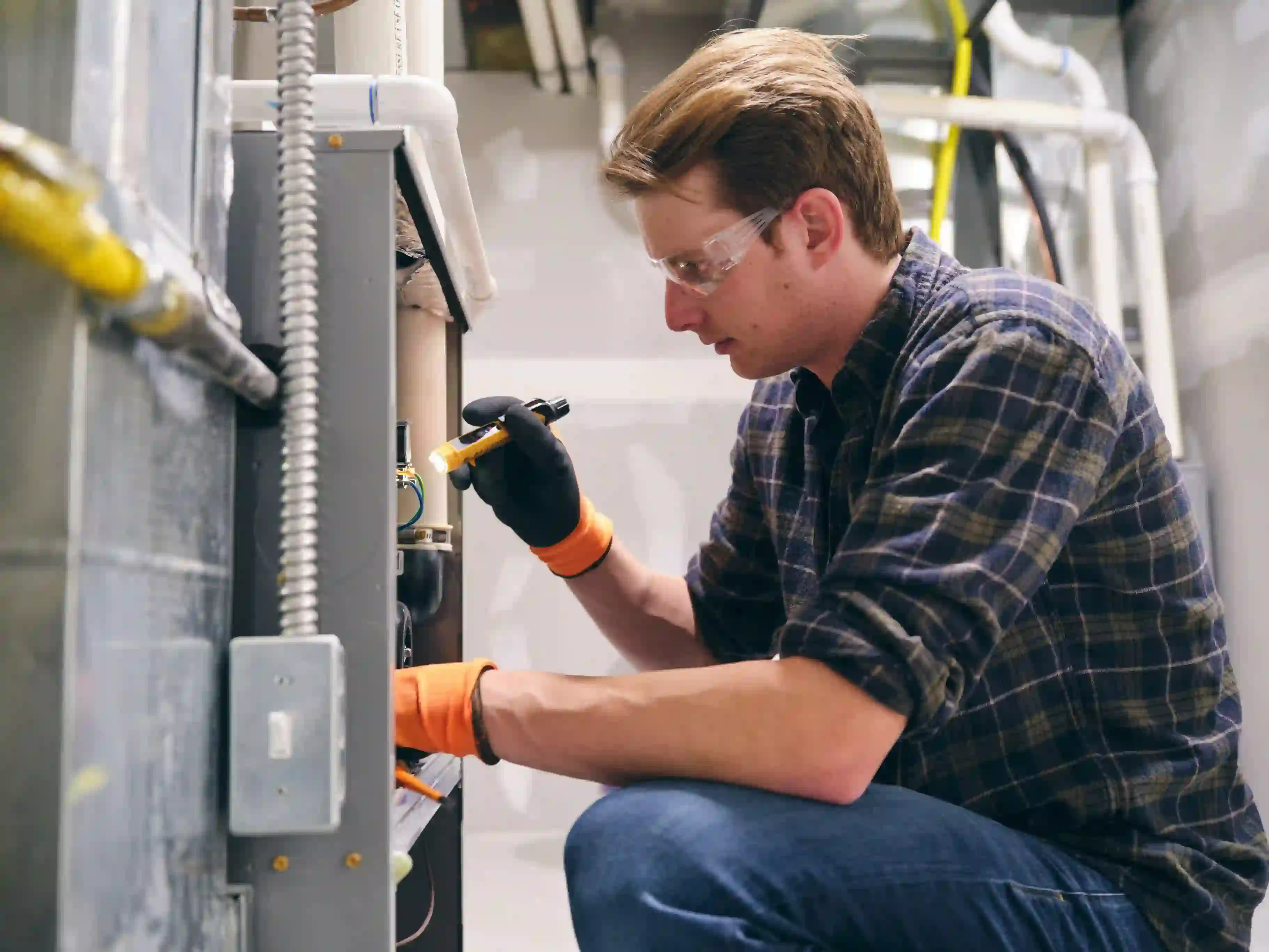 A young male HVAC technician, wearing a plaid flannel shirt, blue jeans, safety glasses, and black gloves with bright orange cuffs, is crouched down examining the side of a gray furnace unit.