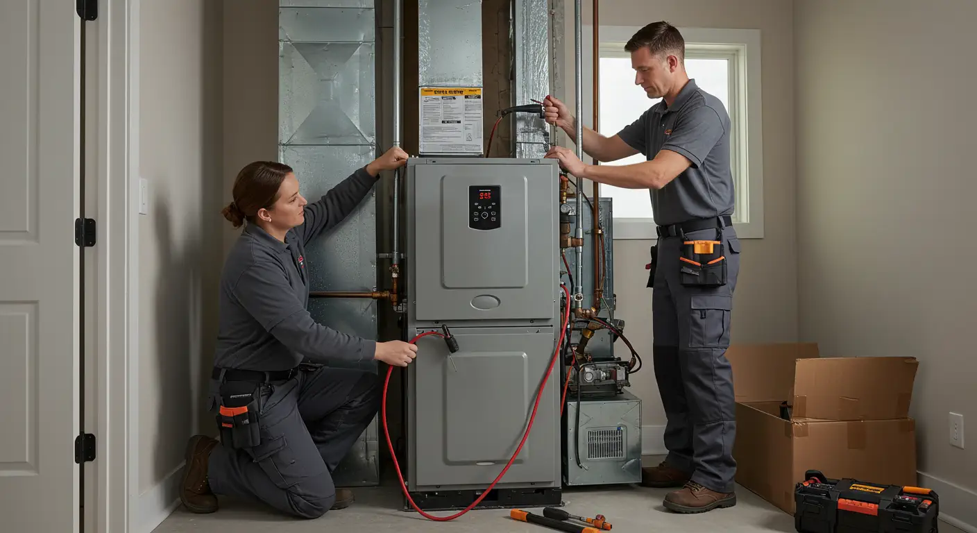 Two HVAC technicians, a woman kneeling and a man standing, both wearing gray uniforms with orange accents, are working on a vertically stacked gray furnace and air conditioner unit. They are connecting a red test lead or cable to the upper furnace portion. The units are backed by galvanized ductwork and copper piping, and a window and cardboard boxes are visible in the background.