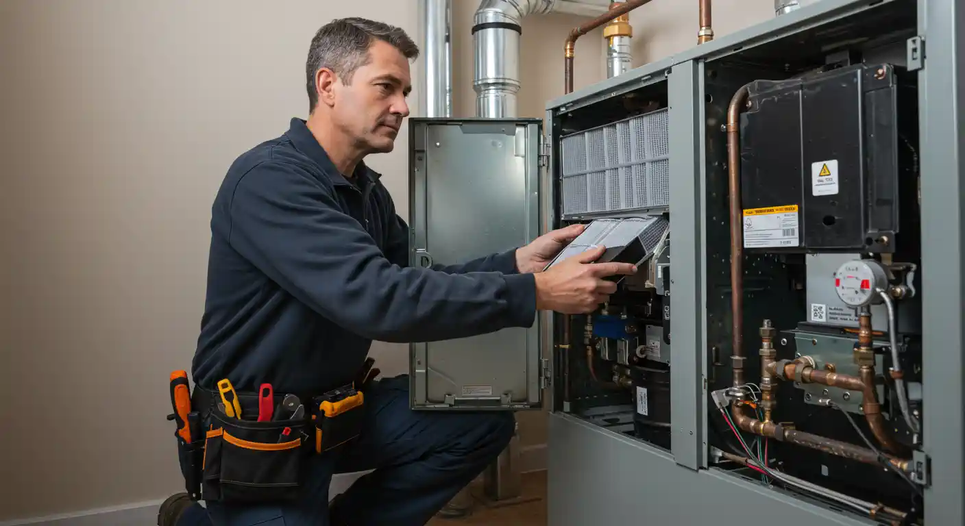 A male HVAC technician, wearing a dark blue shirt and a tool belt, is kneeling and servicing a gray furnace or heating unit.