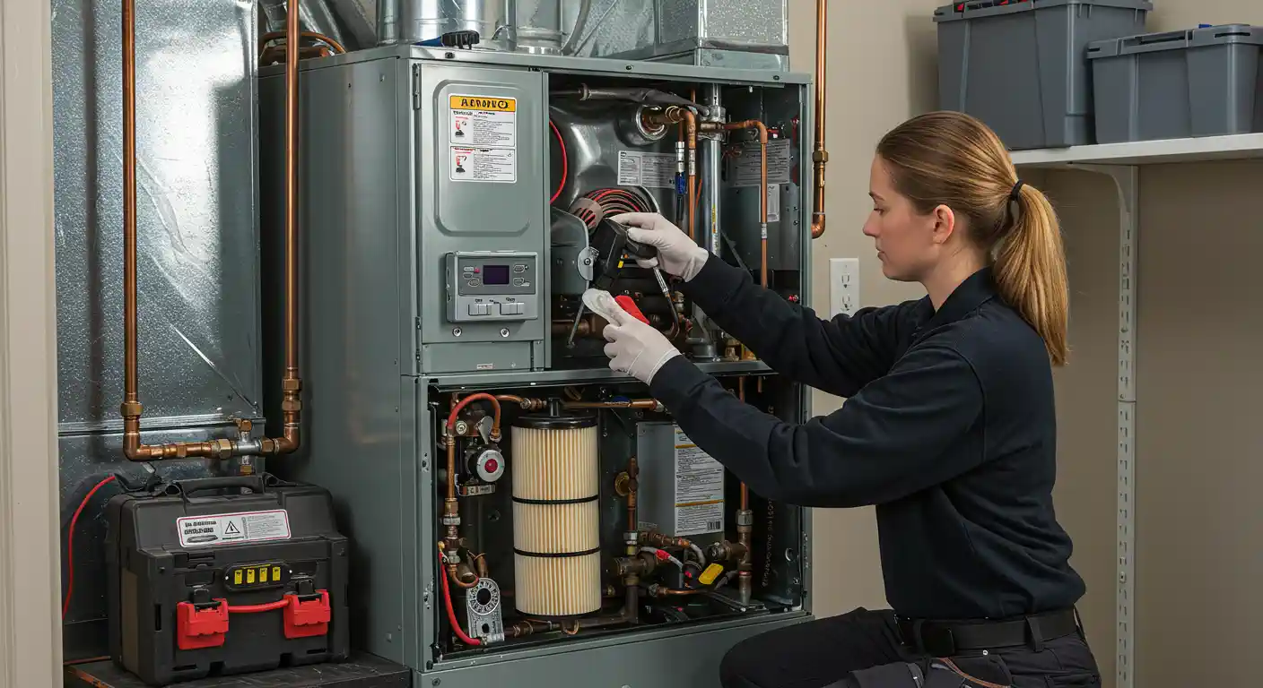 A female HVAC technician, wearing a dark work uniform and white gloves, is kneeling while working on a gray, open furnace or air handler unit. She is using a multimeter or a similar testing tool to check the electrical components and wiring near the top section of the unit. A filter canister assembly is visible in the lower section, and a black toolbox is on the floor to the left.