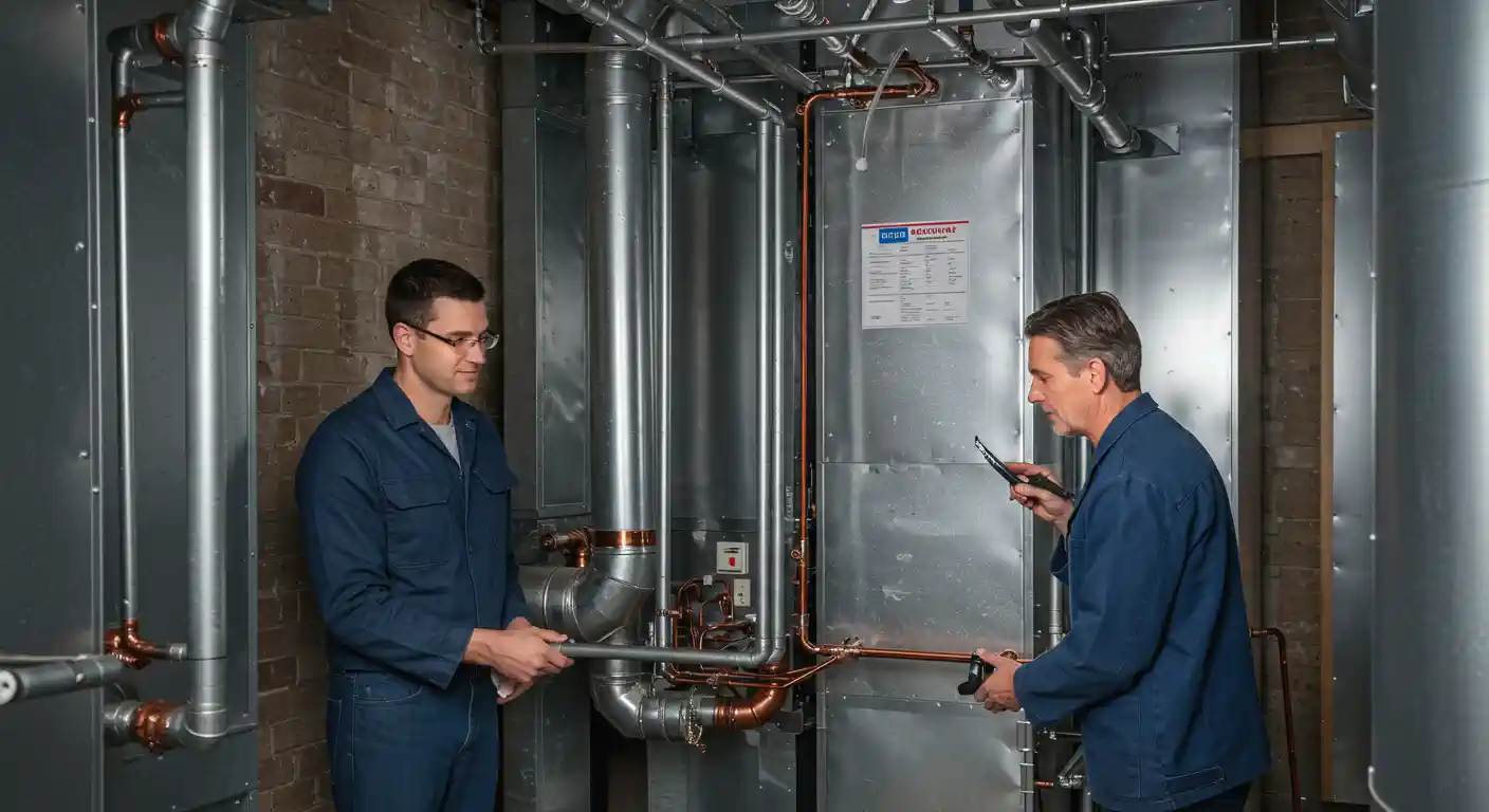 Two male HVAC technicians, both wearing dark blue work uniforms, are inspecting the copper piping and connections of a large, galvanized metal industrial heatingTwo male HVAC technicians, both wearing dark blue work uniforms, are inspecting the copper piping and connections of a large, galvanized metal industrial heating