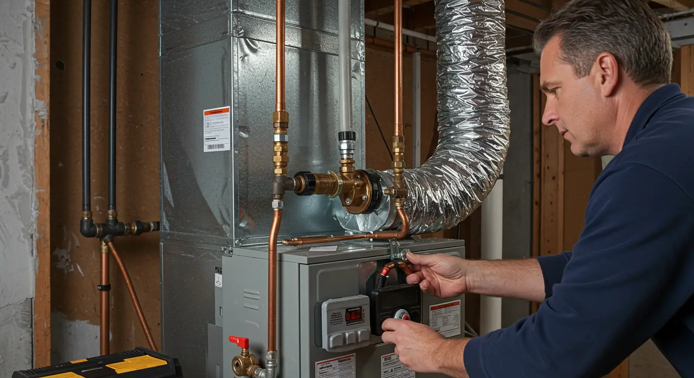 A male HVAC technician in a dark blue shirt is adjusting the controls and red levers on the front panel of a new, gray furnace, with copper pipes and brass fittings connected to silver ductwork behind the unit.