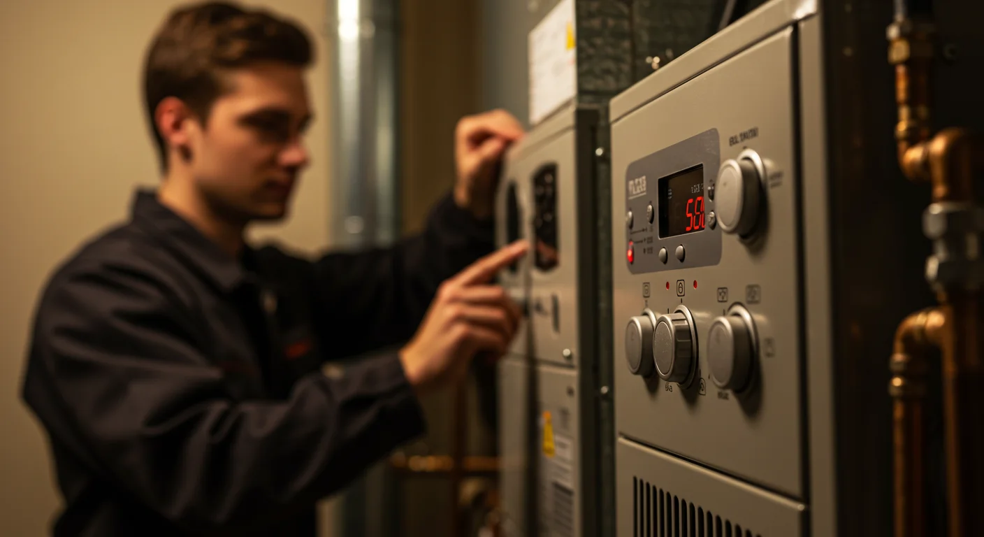 A close-up, shallow depth of field shot focuses on the digital control panel of a gray boiler or HVAC unit, which displays "58". A young, blurry technician in a dark uniform is visible in the background, working on an adjacent piece of equipment.
