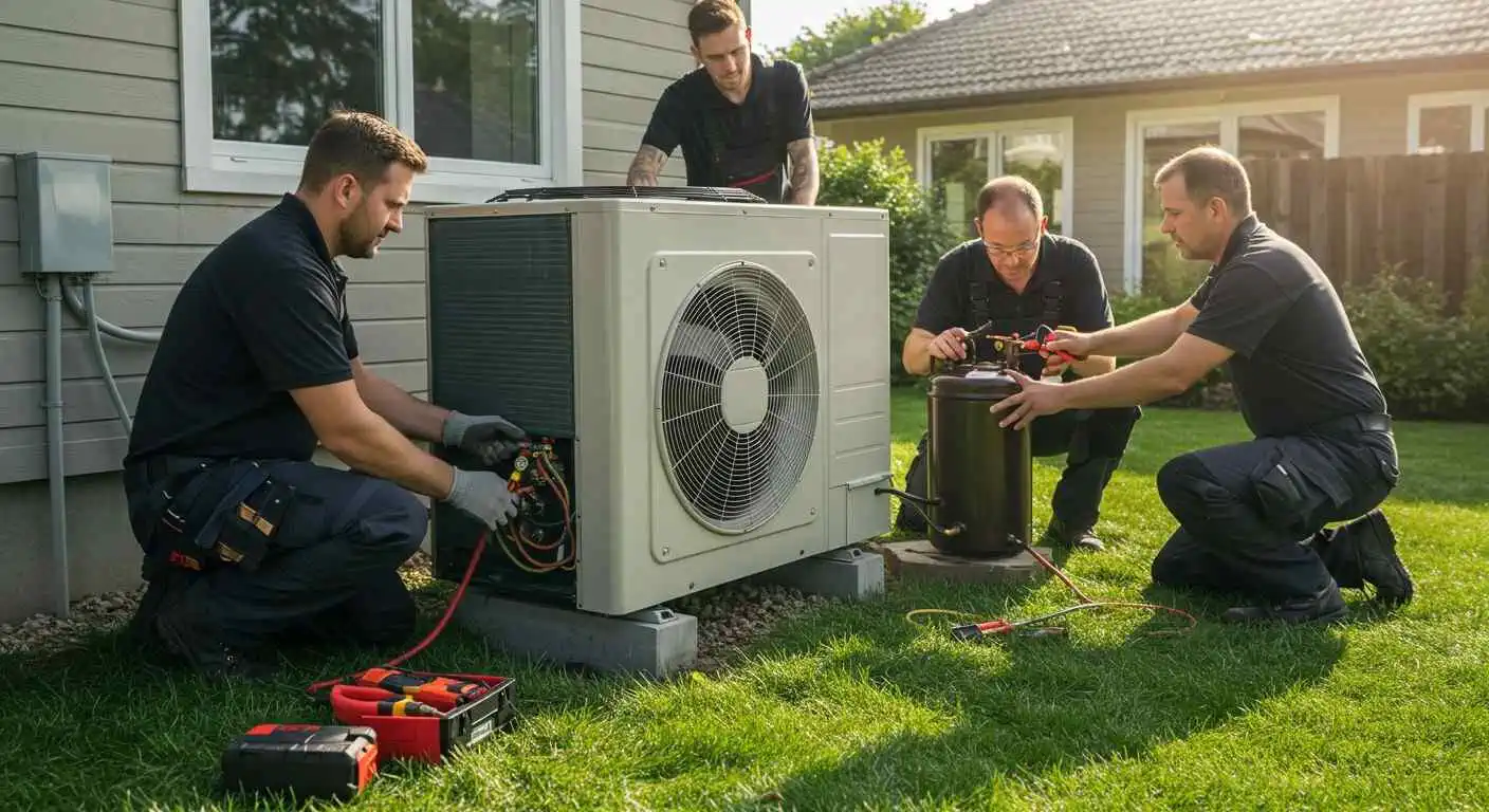 Four male technicians in black shirts and work pants are collaboratively installing or servicing a large, outdoor heat pump unit resting on concrete blocks on a green lawn. One man is connecting wires on the lower left, another is working on top of the unit, and the remaining two are crouched on the right, attending to a black, cylindrical component. The house behind them has light-colored siding and a window.