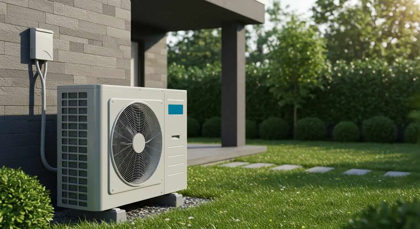 A white, rectangular heat pump outdoor unit sits on small concrete blocks on a bed of gravel next to a modern house.
