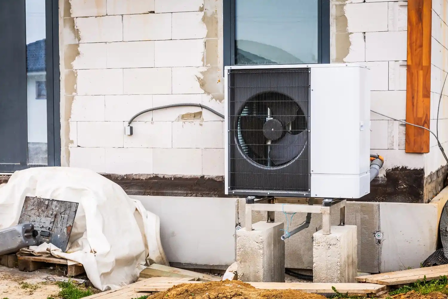 A white outdoor heat pump unit with a black fan grille is installed on a metal frame resting on two concrete blocks outside a building under construction. The building wall is made of light-colored cinder blocks with exposed mortar. A thick electrical conduit runs across the wall to the unit. Construction materials and dirt are visible in the foreground.