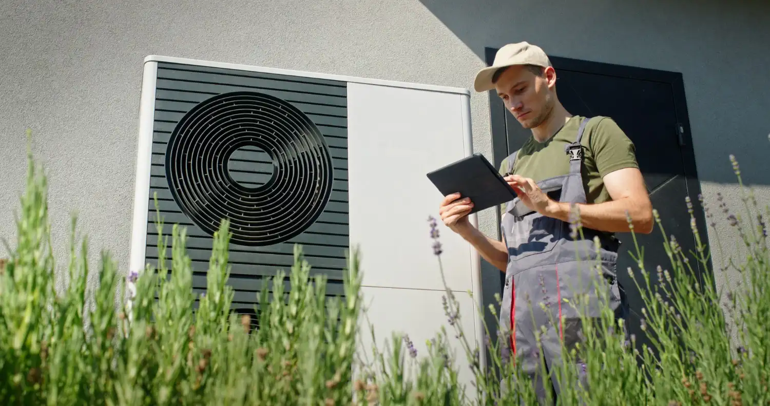 A technician wearing a beige cap and gray overalls over a green shirt is standing next to a modern, rectangular outdoor heat pump unit mounted on the exterior of a building. He is looking intently at a black digital tablet he holds with both hands. The foreground features tall green and purple lavender plants.
