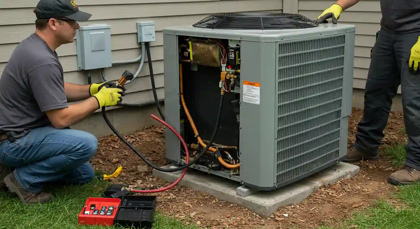 Two HVAC technicians, one male and one female, both with long blonde hair tied back and wearing dark uniforms, are working together on an outdoor heat pump unit. They are crouched down, carefully removing or replacing a side panel to access the internal copper piping, wiring, and components. A yellow meter and tools are on the grass in the foreground.
