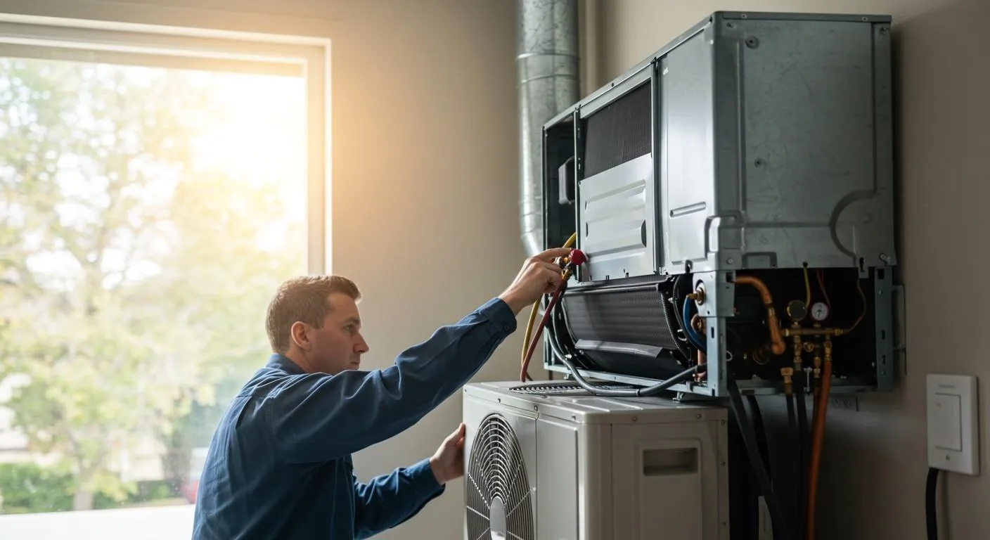 A technician wearing a blue shirt is working indoors on a commercial or large residential air conditioning system. He is reaching up to access the open metal cabinet of the indoor unit, which is mounted on a light beige wall above a smaller, white outdoor-style AC condenser unit. The technician is holding a set of yellow, red, and blue manifold gauge hoses. Bright sunlight streams in through a large window on the left.