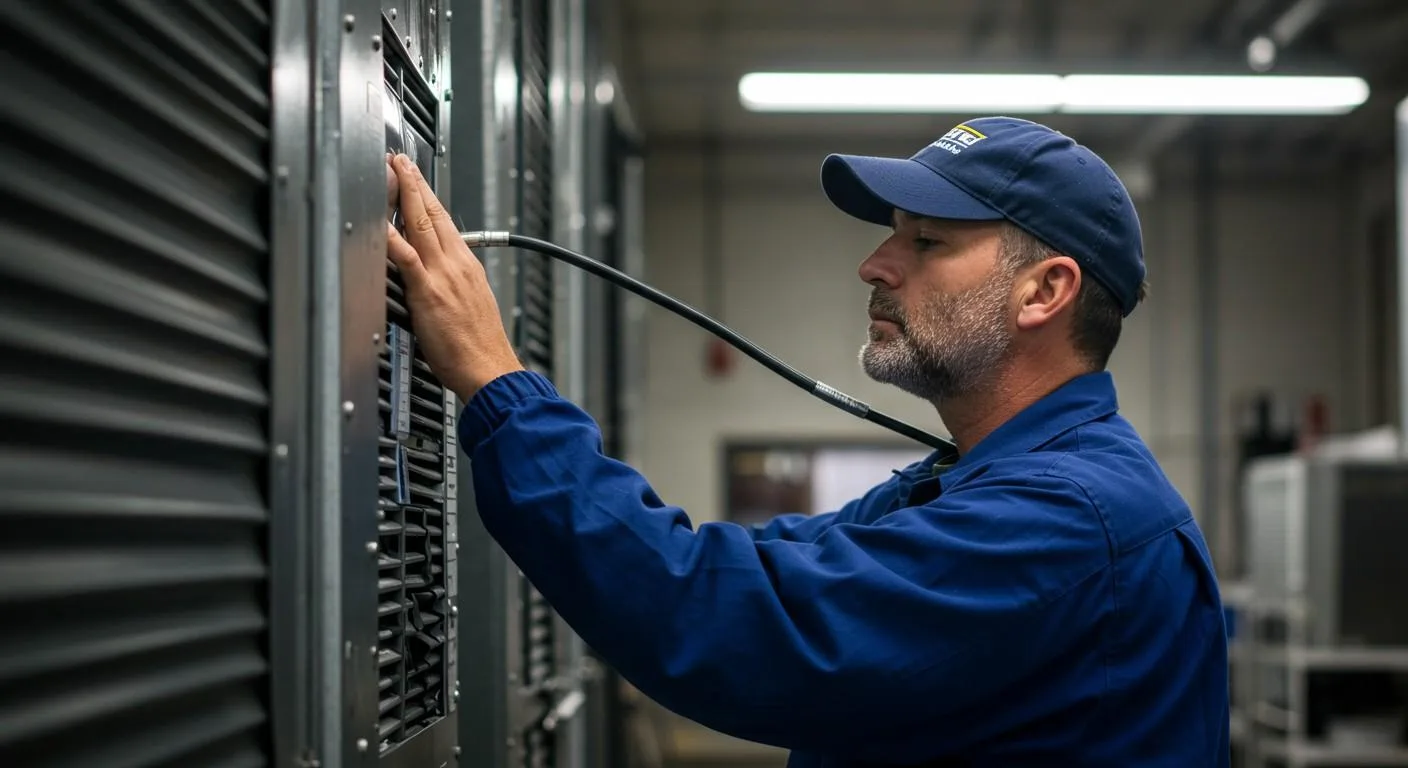 A middle-aged male technician wearing a navy blue uniform and a navy blue baseball cap is working in an industrial or commercial setting. He is standing in profile, using his right hand to touch or inspect the grille of a large, dark-colored HVAC or server unit panel. A black cable or hose extends from his body towards the panel. The background is a dimly lit indoor space with rows of similar equipment visible.