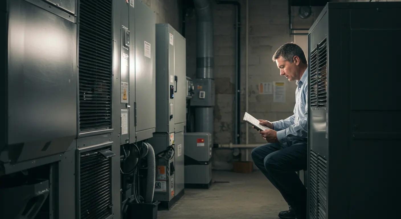 A middle-aged man wearing a light blue collared shirt and dark pants is sitting in a low crouch between two rows of large, gray commercial or industrial HVAC units in a dimly lit equipment room. He is intently reading a sheet of paper or a small manual. The floor is concrete, and exposed piping and ventilation ducts are visible on the back wall.