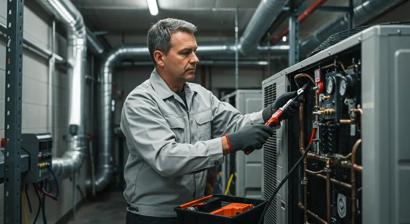 A middle-aged male technician wearing a light gray work uniform and black gloves is working on a large commercial HVAC or heat pump unit indoors. He is using a red-handled adjustable wrench to tighten or loosen a fitting on the exposed copper piping and components of the machine. An open toolbox with orange trim is visible below the unit. The background shows a mechanical room with extensive silver ventilation ducts and pipes running across the ceiling and walls.