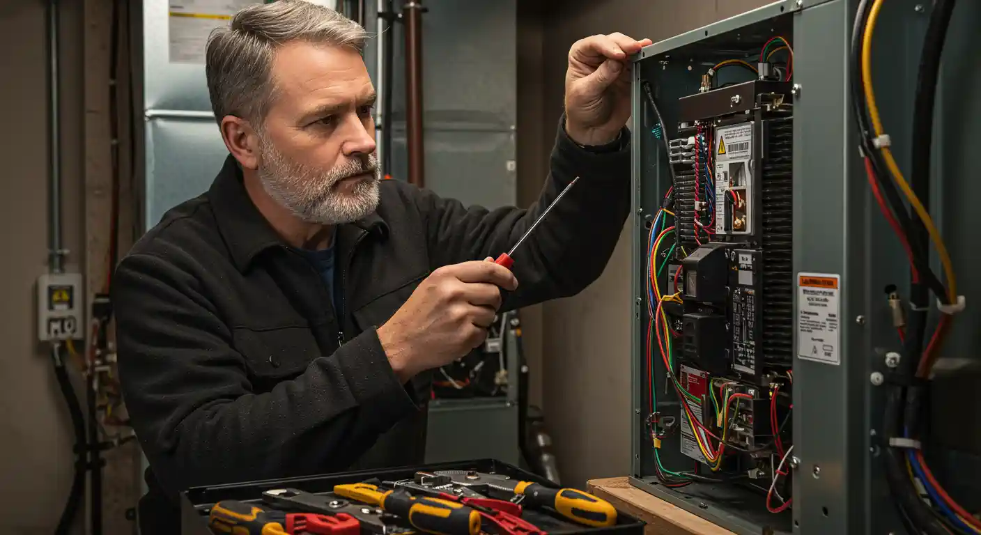 A middle-aged male technician with a gray beard, wearing a black jacket, is closely working on the exposed control panel of an indoor HVAC unit. He is holding a screwdriver with a red and black handle, pointing it near the wiring and circuitry inside the gray metal cabinet. An open toolbox containing various tools with yellow and black handles is visible in the foreground. The background is a dim utility room with visible ductwork and piping.