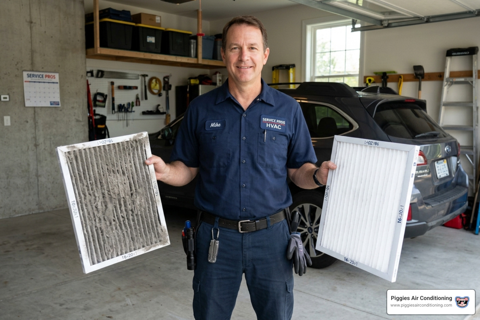 A technician holding a very dirty, dust-caked AC filter next to a clean white one A technician holding a very dirty, dust-caked AC filter next to a clean white one