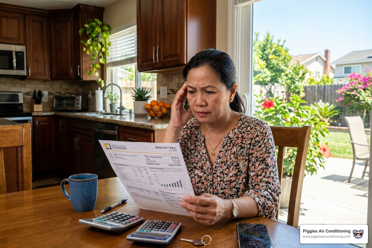 homeowner in West Covina reviewing a high electricity bill with a worried expression homeowner in West Covina reviewing a high electricity bill with a worried expression
