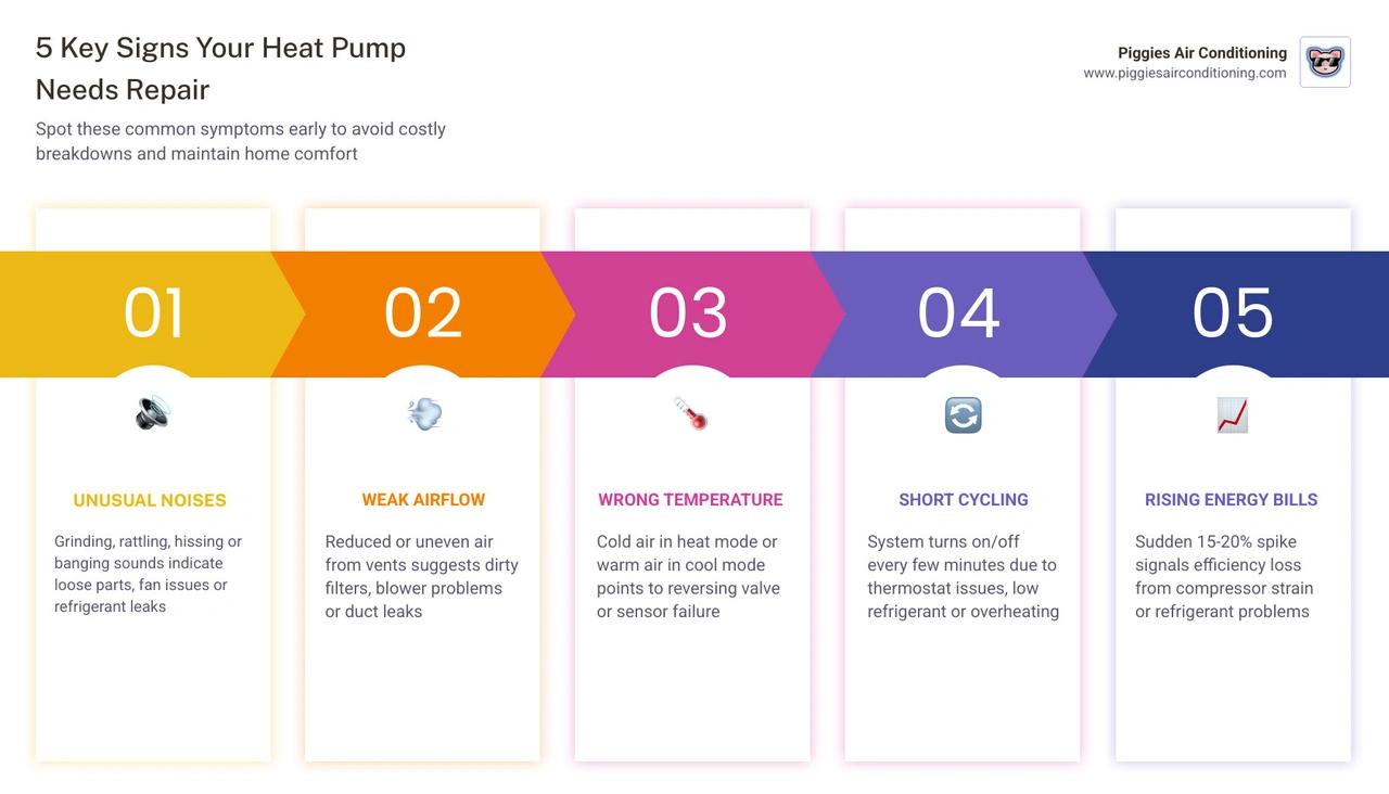 Infographic showing 7 signs your heat pump needs repair with icons for noise, airflow, temperature, short cycling, energy Infographic showing 7 signs your heat pump needs repair with icons for noise, airflow, temperature, short cycling, energy