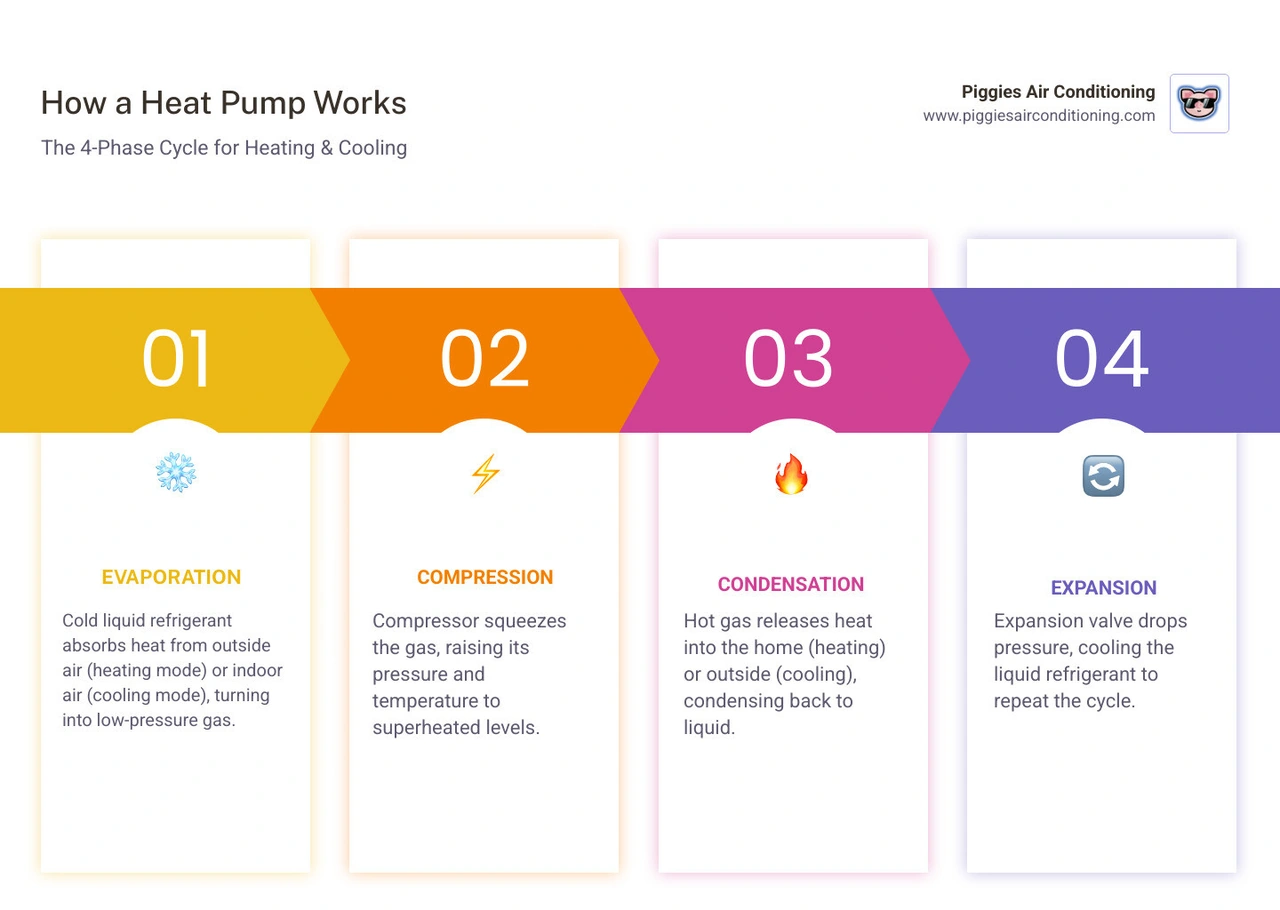 Infographic showing the four-phase heat pump cycle: evaporation, compression, condensation, and expansion infographic Infographic showing the four-phase heat pump cycle: evaporation, compression, condensation, and expansion infographic
