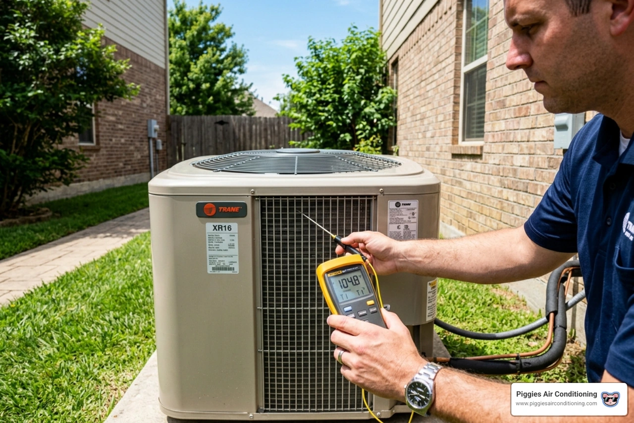 thermometer measuring air temperature near an AC condenser in the sun thermometer measuring air temperature near an AC condenser in the sun