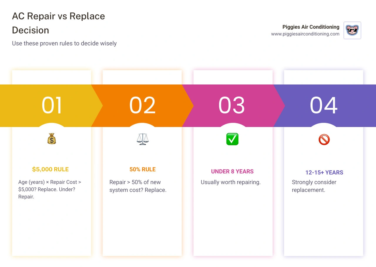 AC repair vs replace decision tree infographic with $5000 rule, 50% rule, and age thresholds infographic AC repair vs replace decision tree infographic with $5000 rule, 50% rule, and age thresholds infographic
